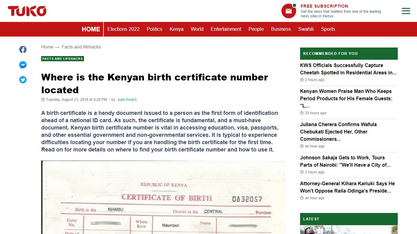 Where is the Kenyan birth certificate number located - TUKO